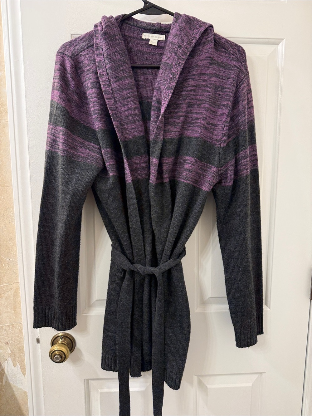 New York & Company Hooded Belted Cardigan in Purple and Charcoal